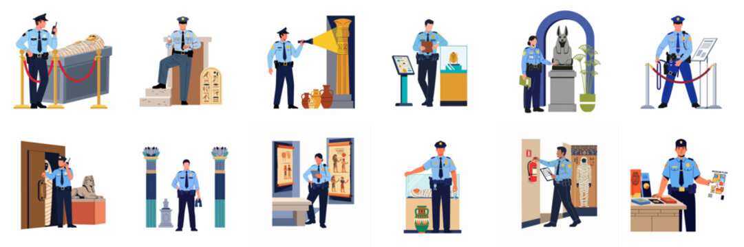 Vector Illustration Set of Security Guards Working in Ancient Egyptian Museum Protecting Historical Artifacts, Mummies, and Statues