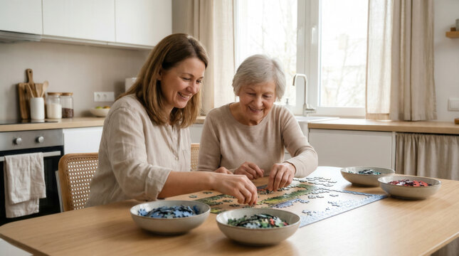 Adult daughter helping elderly mother assemble jigsaw puzzle at kitchen table with bowls of pieces smiling together supporting memory activity family care patience home leisure concept