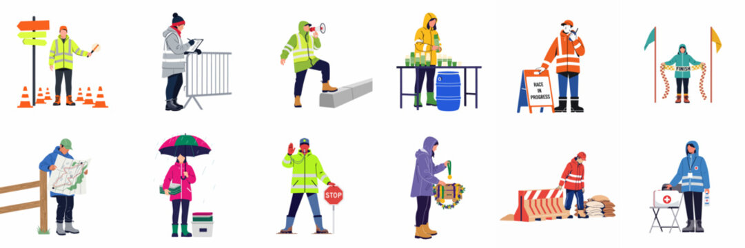A collection of event staff and volunteers in high-visibility gear performing various roles for an outdoor race or marathon in rainy weather.