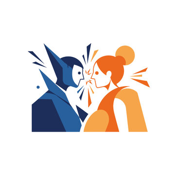 Conflicting viewpoints, modern illustration of two stylized figures facing off.