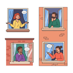 Obraz premium Neighbors Talking Through Window, Communication, Community, Connection, Socializing