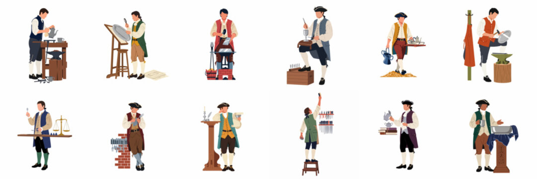 Collection of colonial silversmith illustrations showing craftsmen in historical attire performing various metalworking tasks like hammering, engraving, and weighing silver items.