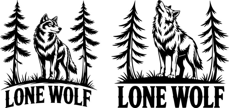 Lone Wolf Typography Bundle with Standing and Howling Wolf in Forest Landscape Vector Illustration Set