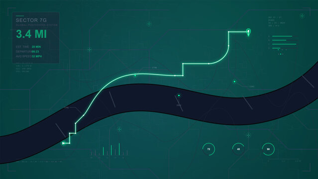 Futuristic navigation interface with glowing route map