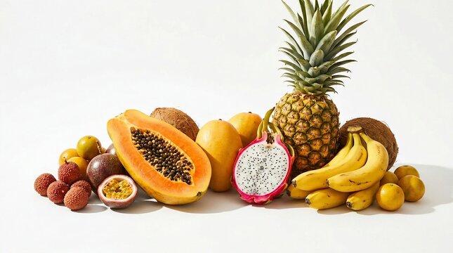 Tropical fruits arrangement including pineapple papaya and dragon fruit
