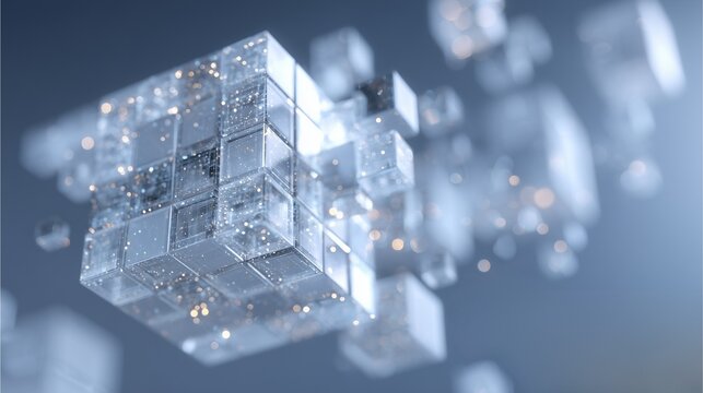 AI生成した、無数の輝く粒子を内包した透明クリスタルキューブが宙に浮かぶ幻想的な3D空間｜ブルーグレーの静寂に煌めくデジタルの結晶
