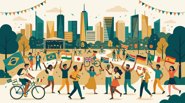 Diverse crowd celebrating with national flags in a city park festival, urban background