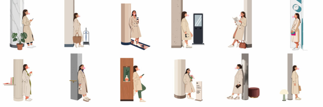 A collection of 12 illustrations showing a stylish woman in a beige trench coat blowing bubble gum in various urban and indoor settings.
