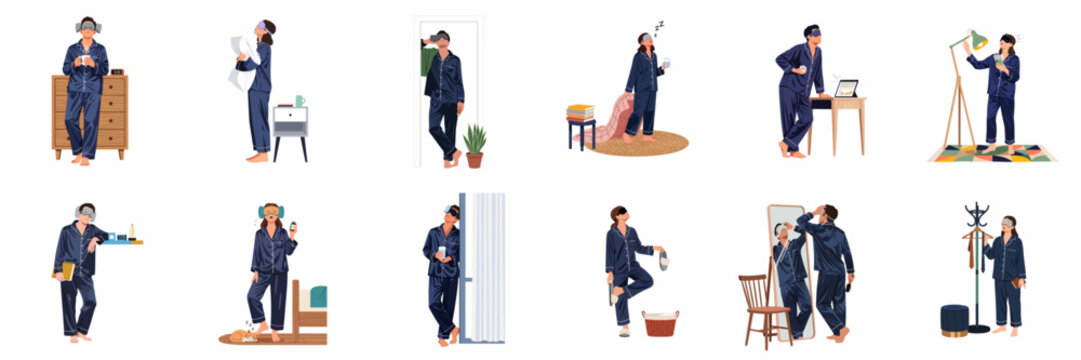Vector Illustration Set of Tired People in Pajamas and Sleep Masks Experiencing Sleepwalking and Insomnia in Different Home Scenarios