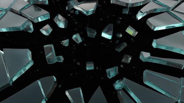 Broken glass shards flying outward from a central dark void, illuminated with teal reflections, symbolizing fragmentation, impact, and the beauty of chaos in motion.