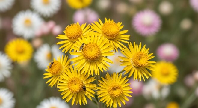 Close up of vibrant yellow coltsfoot flowers blooming in a meadow.