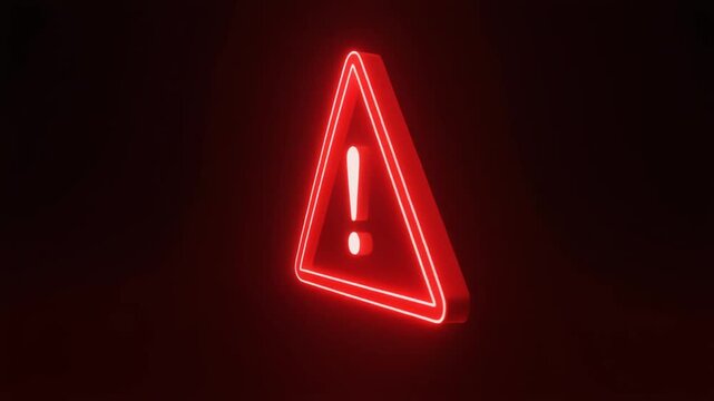 A glowing red triangular warning sign with an illuminated exclamation mark on a dark background, symbolizing danger, alert, caution, and digital security awareness.