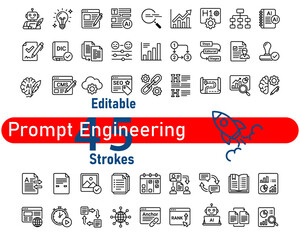 Prompt engineering icons, editable vector strokes, 40 AI symbols, gray illustrations