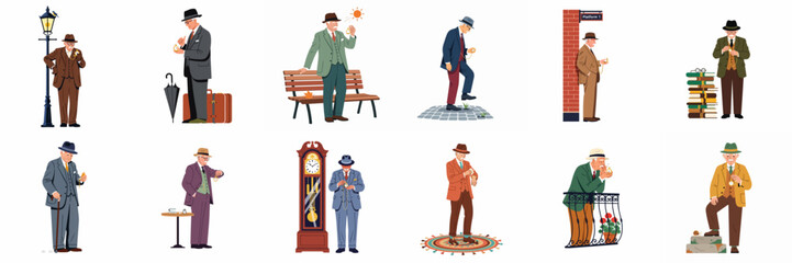 Flat vector illustration set of a senior man in classic attire checking his watch in various locations, symbolizing punctuality and the passage of time. © ValentinaRestrepo