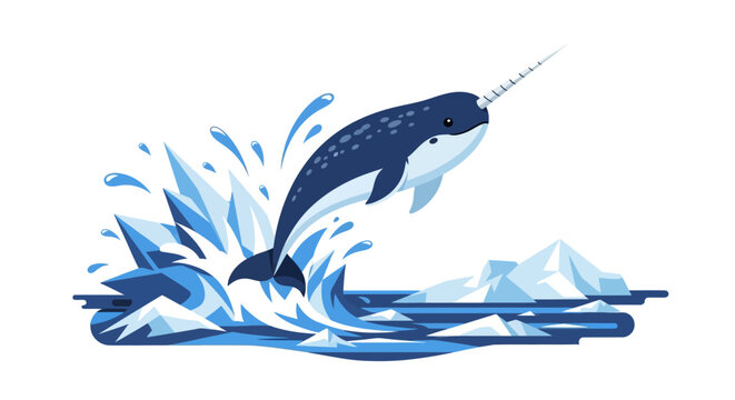 Leaping narwhal breaching icy arctic waters with splashes and ice floes