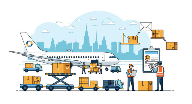 Busy airport logistics hub with workers loading cargo boxes onto a plane while others manage deliveries on the ground.
