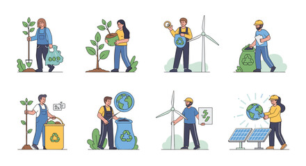 Fototapeta premium Set of characters engaged in environmental protection activities like planting trees, recycling, and using solar energy.