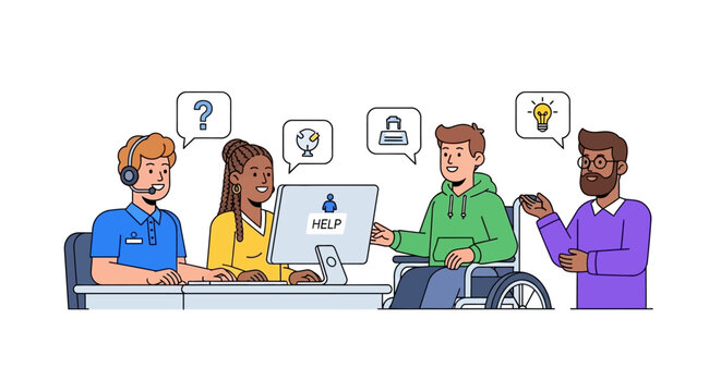 Diverse customer support team assisting clients with technology solutions