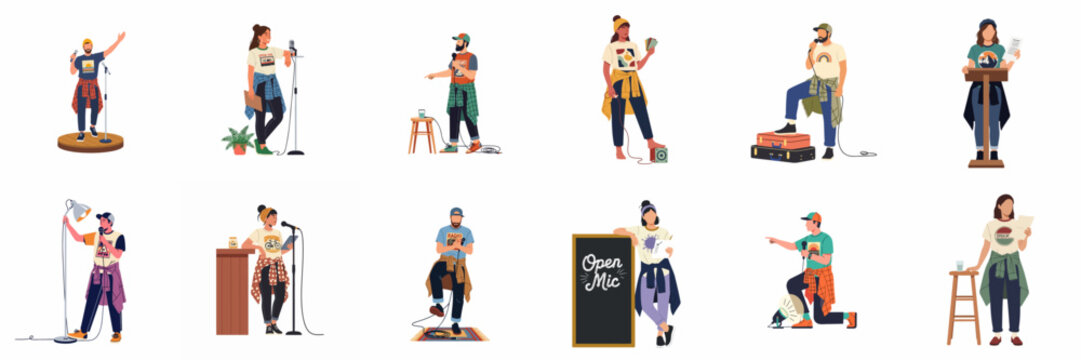 Set of diverse young performers participating in open mic events, featuring singers, comedians, and speakers in casual trendy outfits on white background.