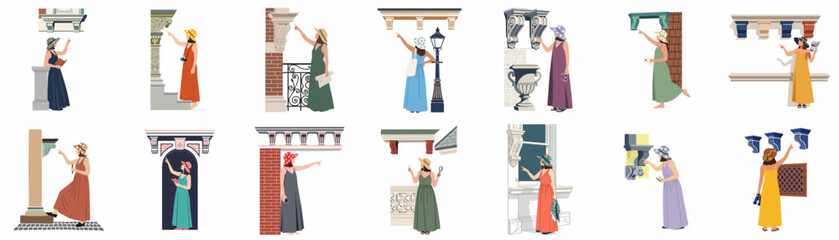 Collection of flat vector illustrations depicting women tourists observing and admiring classical architectural details, moldings, and historical building elements. © Ricardo