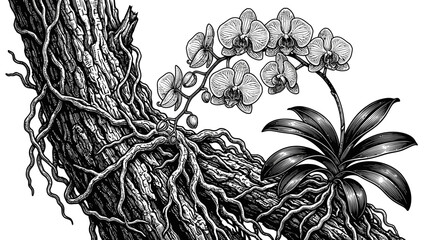 Gnarled tree trunk with orchids in vintage engraving style © sabar