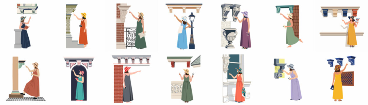 Collection of flat vector illustrations depicting women tourists observing and admiring classical architectural details, moldings, and historical building elements.