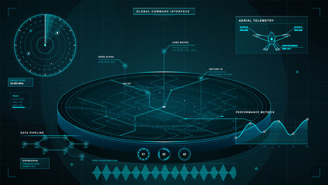 Futuristic blue digital dashboard interface with data charts