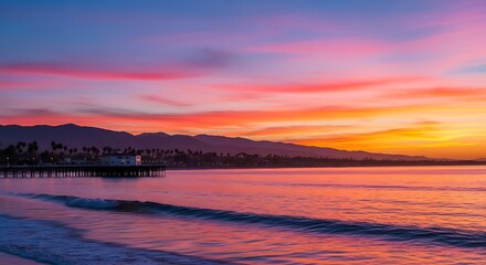 Obraz premium Vibrant coastal sunset with silhouetted pier and calm ocean waves