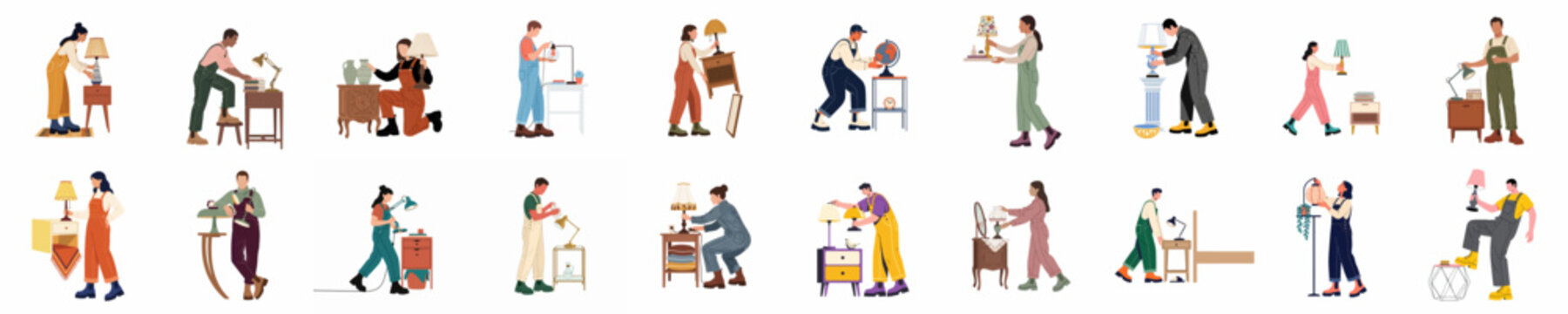 Collection of flat character illustrations featuring diverse people in overalls arranging home decor, lamps, and furniture.