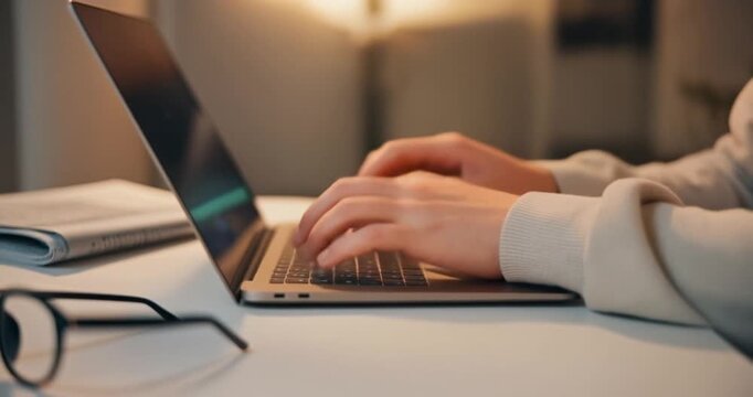 Hands typing on laptop keyboard, showcasing motion and the dynamic act of writing.