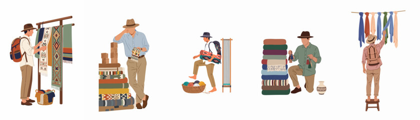 Naklejka premium Flat illustration set of travelers and tourists shopping for traditional handmade textiles, carpets, and souvenirs at a local market or artisan shop.