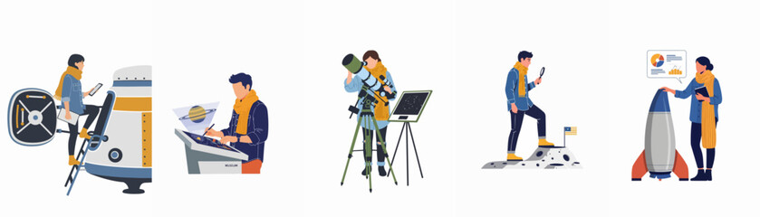 Set of flat illustrations showing people engaged in space exploration, astronomy activities, and science museum exhibits with rockets and telescopes. © Isabella