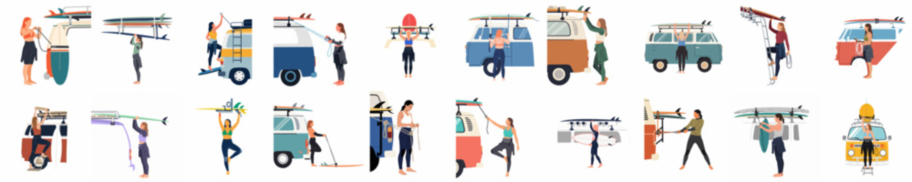 A set of flat vector illustrations depicting women loading surfboards onto camper van roof racks for a surfing road trip adventure.