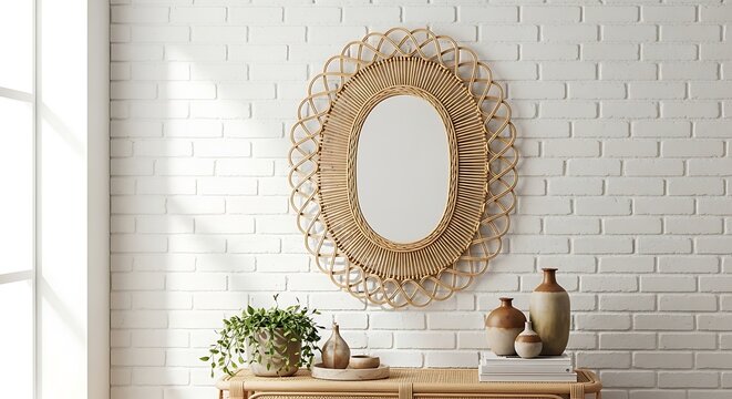 Boho rattan mirror on white brick wall above woven console table