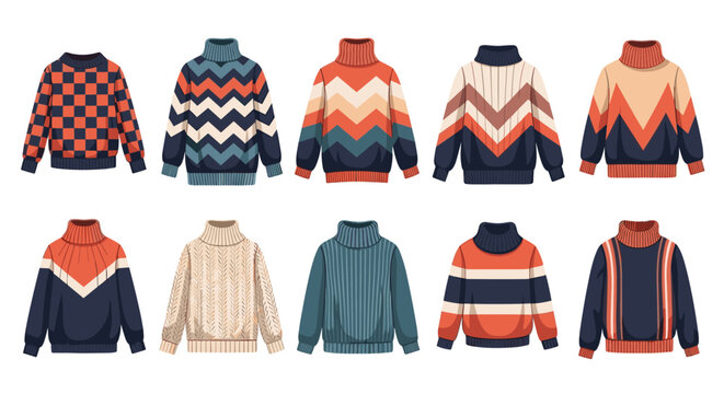 Large set of cozy knit sweaters and pullovers with various patterns like stripes, chevrons, and checkerboards.