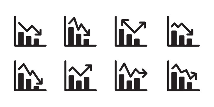 Collection of business decline chart icons featuring bars and down arrows for financial performance analysis.