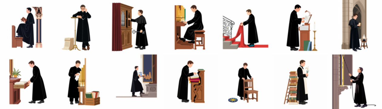 Collection of flat vector illustrations depicting a priest or sacristan performing various daily duties and ecclesiastical tasks in a cathedral or church setting.