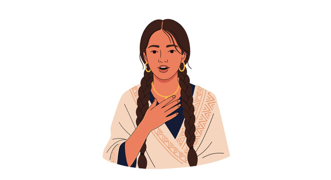 Beautiful young Indigenous woman with long braids wearing a traditional patterned shawl and elegant gold jewelry.