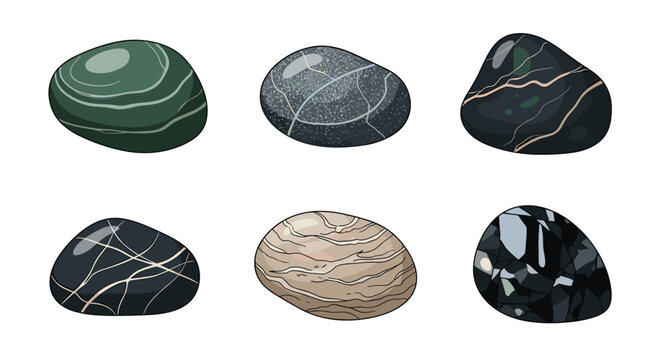 Collection of smooth and polished river stones and pebbles with beautiful natural patterns and various colors.