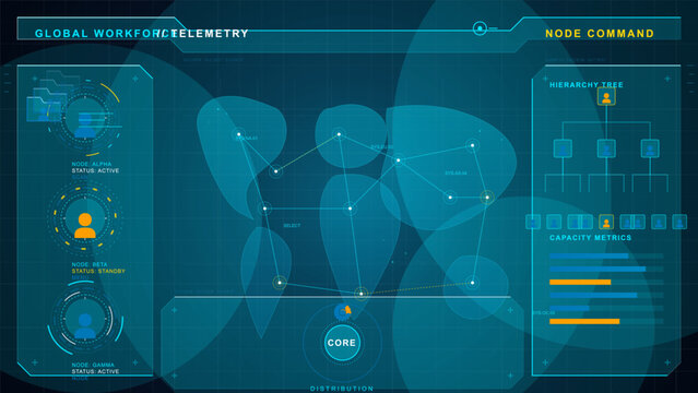 Futuristic dashboard interface with network nodes and metrics