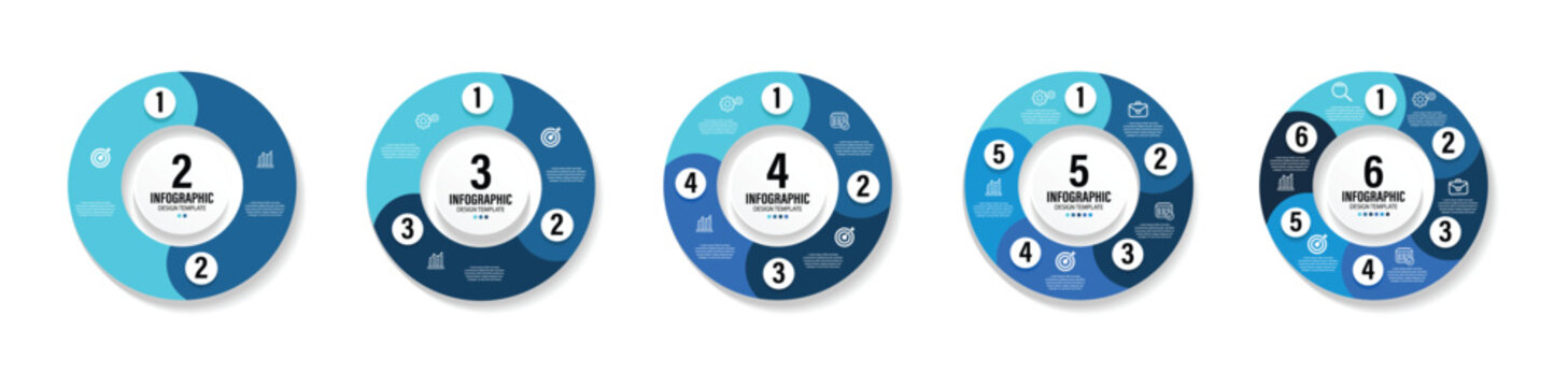 Circle arrows diagram infographic set. Business infographics. Circular arrows with 2-6 steps, options. Vector pie charts. Template for cycle diagram, graph, puzzle presentation and round chart. 