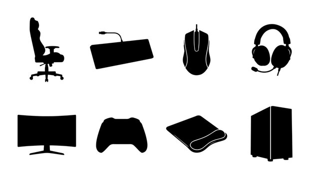 Gaming Gear Icons: Computer Chair, Keyboard, Mouse, Headphones, Monitor, Controller, Mousepad, PC Tower