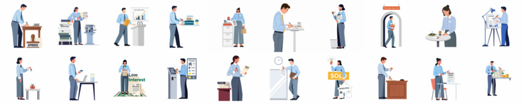 Flat Vector Illustrations of Professionals Managing Mortgage Applications, Home Loan Contracts, Property Sales, and Real Estate Banking Services for Diverse Clients.