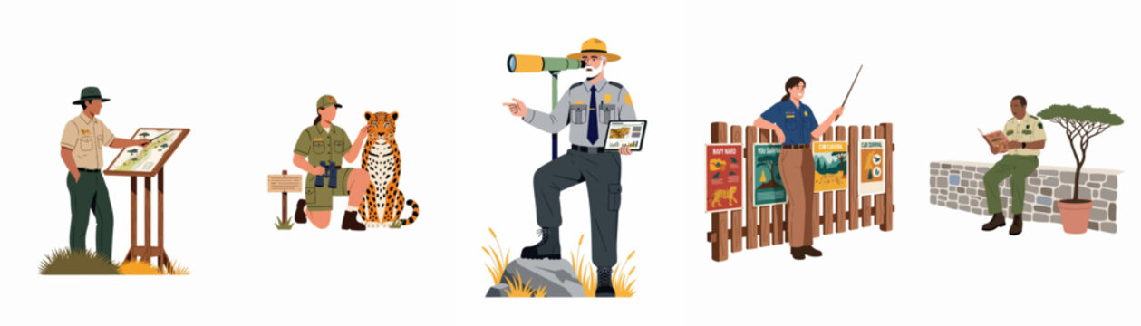Set of diverse national park rangers and wildlife conservationists engaged in educational, monitoring, and protective activities in a natural environment flat vector illustration