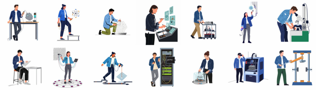 Collection of flat vector illustrations depicting diverse professionals, scientists, and engineers working with high-tech equipment, 3D printers, and laboratory tools.