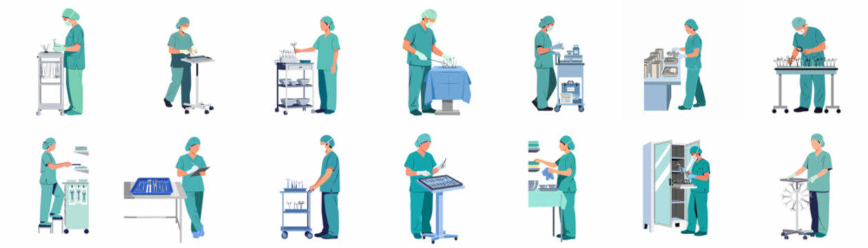 Collection of medical professionals in green scrubs preparing and organizing surgical instruments and equipment for hospital operations.