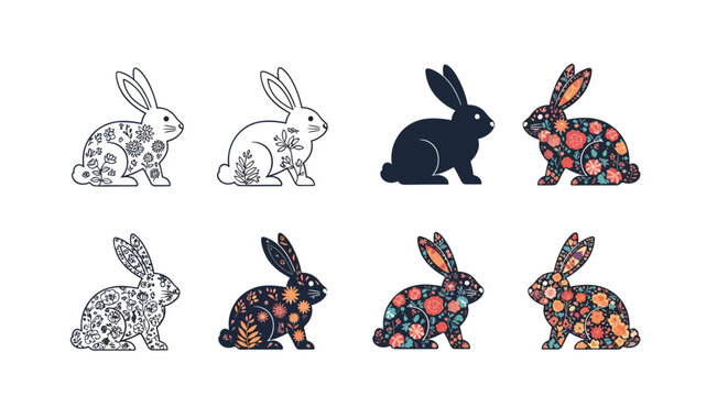 Collection of eight decorative rabbit silhouettes filled with various floral and botanical patterns in different styles.