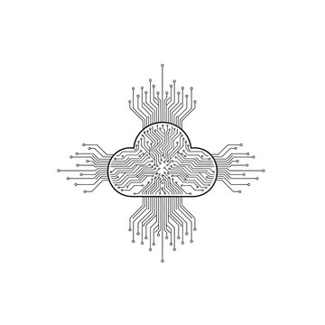 Digital cloud computing symbol with integrated circuit board lines