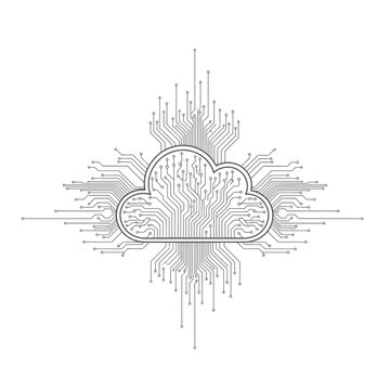 Digital cloud computing concept with motherboard circuit board lines