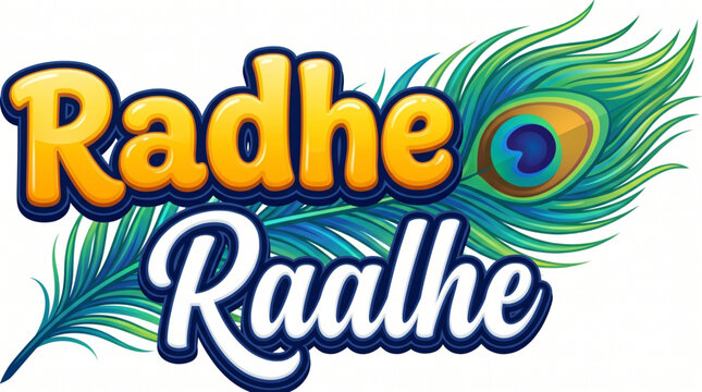 Radhe Typography Design with Peacock Feather Decorative Spiritual Branding and Devotional Artwork